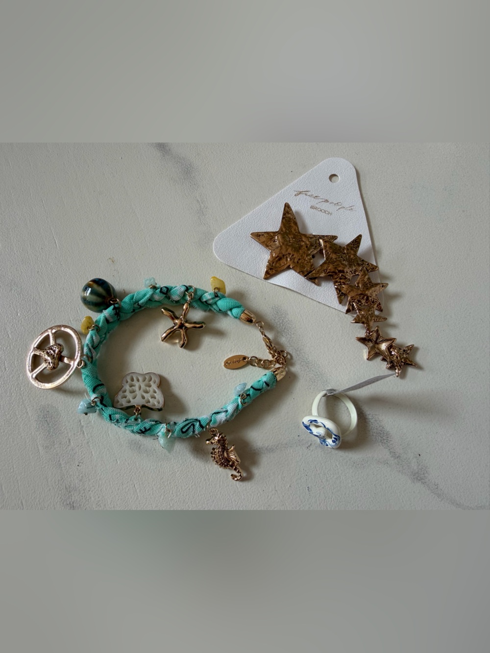 (3) pc. Free People Lot Shooting Stars Brooch, Sky Charm Anklet. Red hot summer